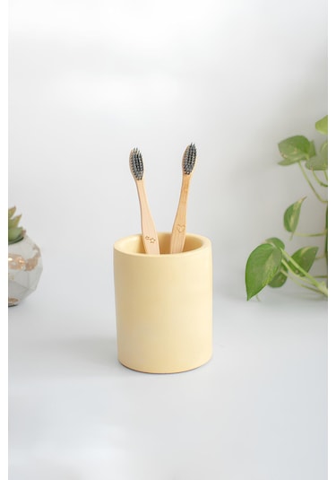 Beton Silindir Organizer Diş Fırçalık, Kalemlik, Makyaj Fırçalık Çok Amaçlı Düzenleyici Sarı