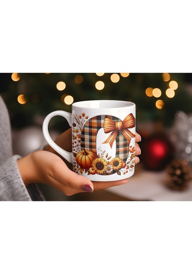 O Harfi Ekose Ve Sonbahar Temalı Kupa Bardak - Kişiye Özel Sıcak Tonlar Alfabe Kupa - Hediye Beyaz