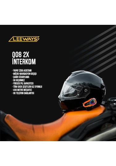 Leeways Q08 2x 1000m Telsiz Mesafeli Özellikli 2 Kişi Bağlantılı Bluetooth Kask Kulaklık Ekranlı Fenerli Interkom