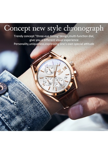 Olevs 2872 Erkekler Üç Göz Altı İğne Kronograf Su Geçirmez Kuvars Saat Beyaz + Gül Altın
