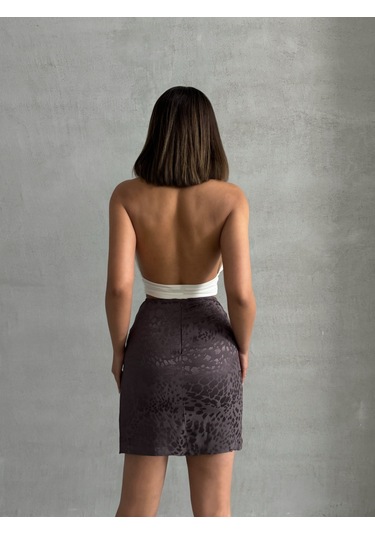 Kadın Desenli Saten Etek Kahverengi