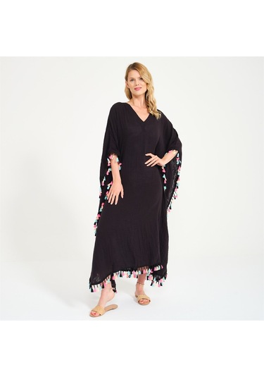 Püskül Detaylı V Yaka Uzun Plaj Elbisesi Siyah-Standart Siyah