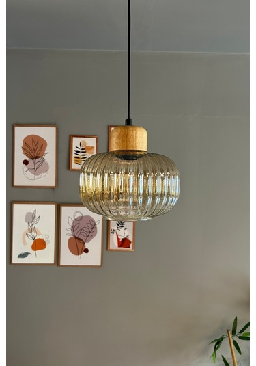 Mola Cam Bal Rengi Tekli Avize Geniş Ahşap Başlık Retro Sarkıt Lamba Restoran Salon Aydınlatma Bal