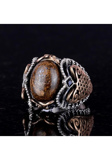 El Yapımı Gerçek Doğal Bronzit Taş Yüzük, 925 Ayar Katı Gümüş Erkek Yüzüğü Gümüş