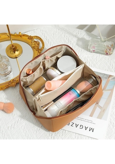 Cacaokozmetik Çantası Kadın Büyük Kapasiteli Taşınabilir Seyahat Tuvalet Malzemesi Saklama Çantası Brown