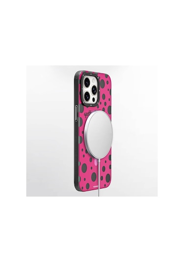 iPhone 14 Pro Max Uyumlu Kılıf Magsafe Özellikli Polka Dot Desenli Youngkit Spots Serisi Kapak Pembe