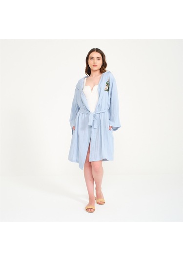 Ördek Nakışlı Kısa Kapüşonlu Müslin Kadın Bornoz-Mavi