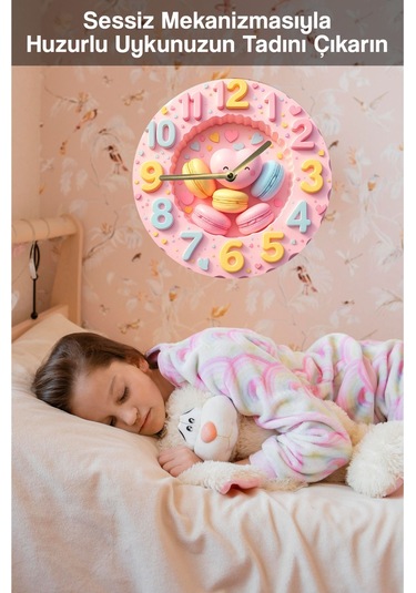 Pembe Kalpli Makaron Temalı Mdf Duvar Saati 3d Görünümlü, 2d Hd Baskı, Sessiz Mekanizmalı, Sdw233 Renkli