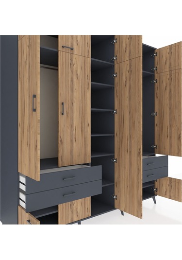 Kronos Dolap 12 Raflı 4 Çekmeceli 2 Askılı 220x59x243 Antrasit-çam/antrasit Atlas Çam/antrasıt