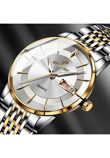 Novahub Bınbond B2077 30m Su Geçirmez Kuvars Aydınlık Saat Kelebek Toka Erkek Çelik Kemer İzle Altın Altın Renk Desenli Çok Renkli