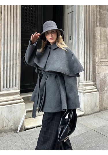 Antrasit Livia Pelerin Detaylı Kaşe Kaban Antrasit