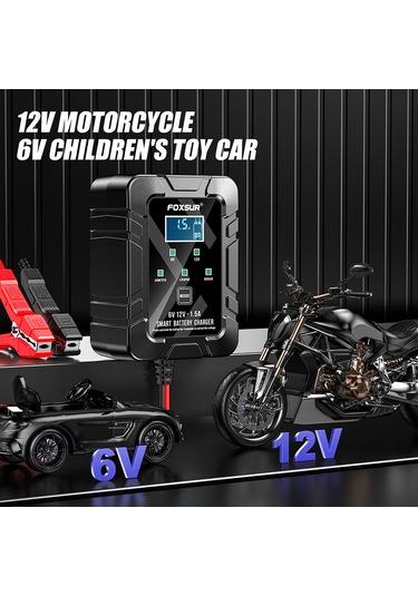 Xindoker Foxsur Akıllı Akü Şarj Cihazı 6v/12v 4-30ah Otomobil Motosiklet Lcd Göstergeli Tam Otomatik Bakım Onarım Siyah Avrupa Standartı