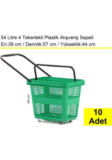 4 Tekerlek Plastik Alışveriş El Sepeti 54 Litre Yeşil 10 Adet / En:42 Boy:54 Yükseklik:44 Cm