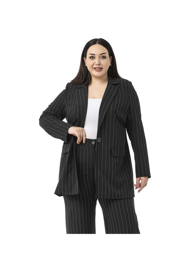 Büyük Beden Çizgili Siyah Ceket Pantolon İkili Takım Siyah