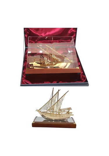 Pirinç Yelkenli Gemi Altın Kaplama Katar Dhow Teknesi Kutulu 29cm No.1