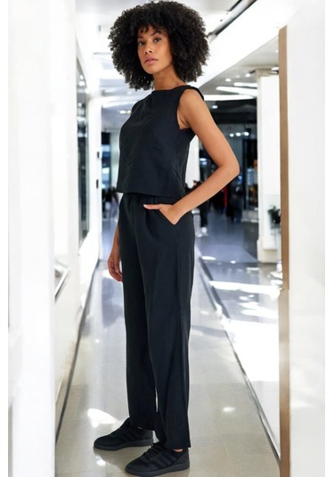 Yazlık Rahat Alt Üst Kolsuz İkili Keten Takım siyah