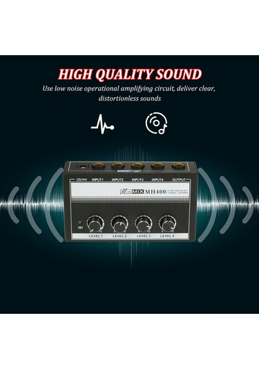 Hfambition 4 Girişli Mini Ses Karıştırıcı - Mikrofon Enstrüman Çıkışı - Metal Gövde - Ses Seviyesi Ayarlı 1/4" Ts - Avrupa Standartı 100-240v 10"