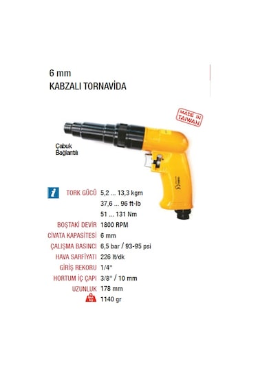 Yama At4086 Havalı Tornavida 6 MM Kabzalı Tip 1800 Devir