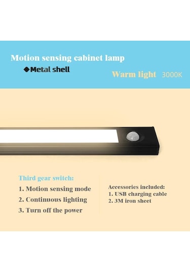 Siyah Gece Lambası Led Işık Dolap Altı Işığı Hareket Sensörü Dolap Işığı Usb Şarj Edilebilir Mutfak Aydınlatma Lambası Dolap Lambası 10cmx2pcs Siyah
