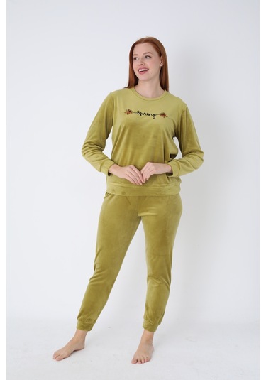 Fıstık Yeşili Kadife Yazı Detaylı Pijama Takımı Fıstık Yeşili
