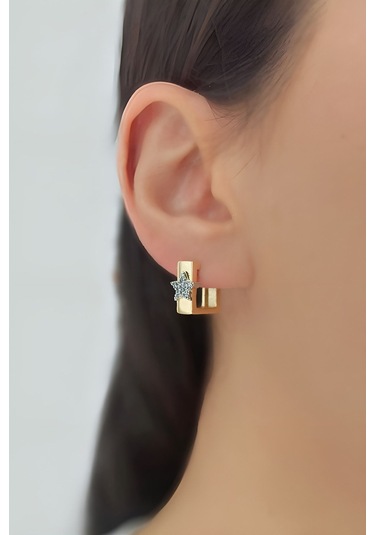 Altın Kaplama Ithal Zirkon Taşlı Detay Kare Halka Küpe Gold