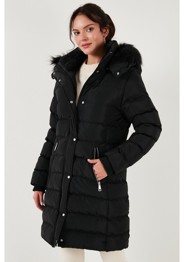 Lela  Regular Fit Çıkarılabilir Kapüşonlu Fermuarlı Cepli Şişme Bayan Mont 497Emily Siyah