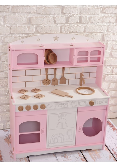 Boyalı Pembe Ahşap Oyuncak Bulaşık Makine Detaylı Mutfak Tabak Ve Spatula Seti Hediye