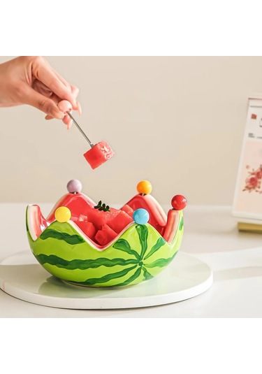 Honeybeeshop Kırmızı İçli Karpuz Kasesi 6 Çatal Ve Paslanmaz Desert Cocktail Kaşıkları Seti Kırmızı Dolgu Karpuz Kasesi