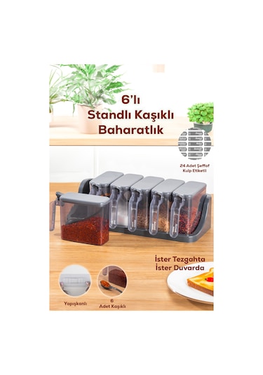 Porsima 1182 Standlı Kaşıklı Kapaklı Baharatlık Seti 6'Lı Antrasit
