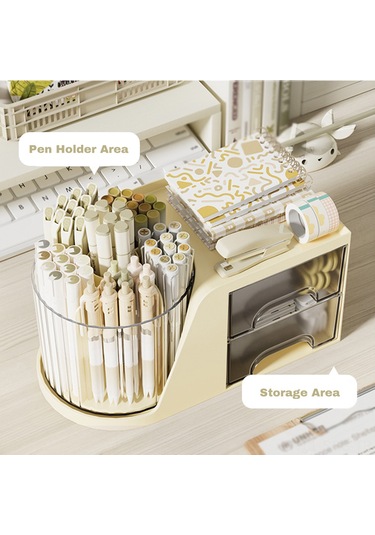 Springsun Beyaz Plastik Masa Düzenleyici - 360 Derece Döner Kalem Kutusu, 2 Çekmeceli Ve Fakatlı, Ofis/öğrenci Stokaj Gereci, Çok Amaçlı Masa Tahtası Organizatörü Beyaz