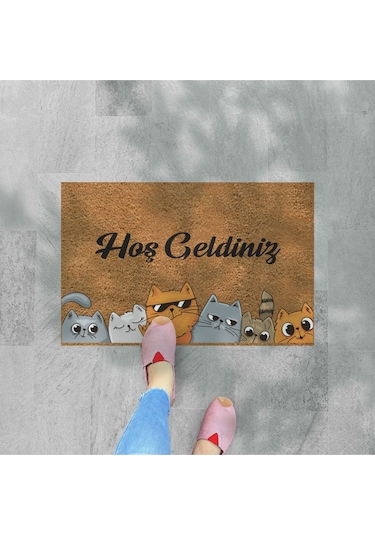 Hoş Geldiniz Yazılır Temalı Kedili Dekoratif Dış Kapı Önü Ve Iç Mekan Paspası Yıkanabilir Toz Alıcı Bej