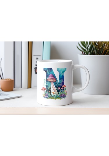N Baş Harfi Fantastik Mantarlı Kupa Bardak - Kişiye Özel Masalsı Bardak - Hediye Beyaz