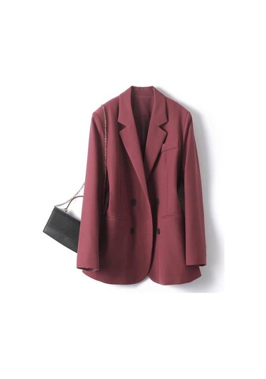 Kadın Takım Elbise Ceket Yaka Uzun Kollu Çift Sıralı Cepli Takım Elbise Ceket Düz Şarap Kırmızısı Bordo