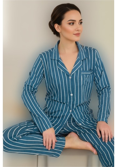 Luxury Viscose Petrol Mavi Çizgili Kadın Uzun Kollu Pijama Takımı 42552 Mavi