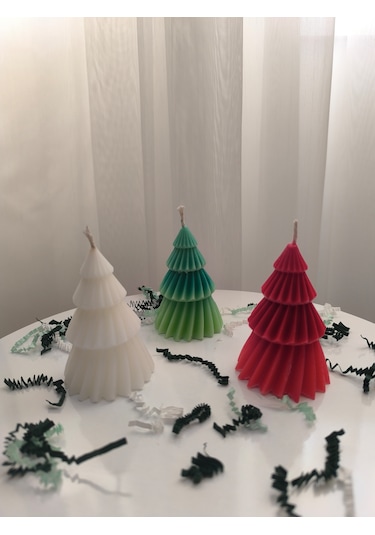 Çam Ağacı Desenli Yılbaşı Konseptli Dekoratif Mum, Geçişli Yeşil