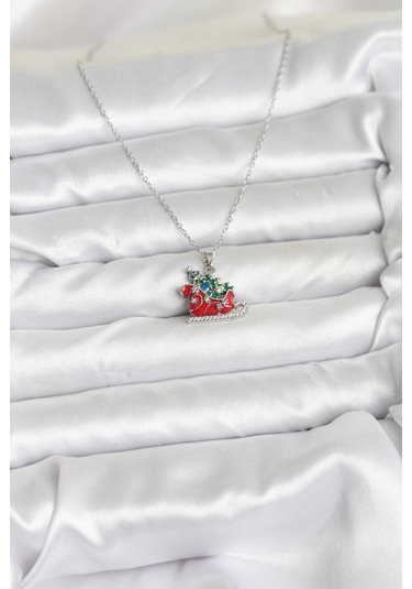 Zarif Boyunlar İçin Silver Çelik Zincir Kızak Çam Ağacı Yılbaşı Tema Kadın Kolye Metalik