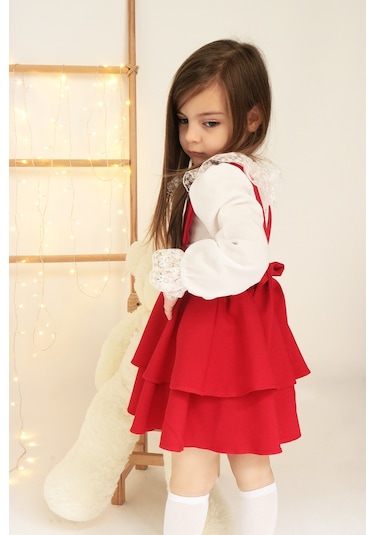 Kız Çocuk Kırmızı Elbise Helen Askılı Jile Dantelli Uzun Kol Bluz Takım 23 Nisan 29 Ekim Gösteri Kıyafeti
