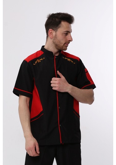 Uniprom Kısa Kollu Aşçı Ceketi Önlük Omuz Nakışlı Cepli Şef, Garson Siyah Kırmızı