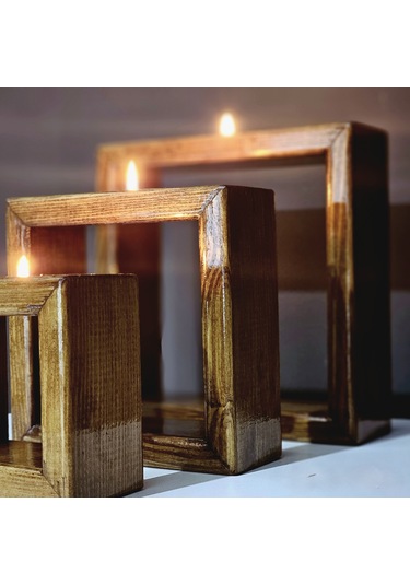 İç İçe Geçmeli 3'lü Duvara Asılabilir Mumluk Ceviz Rengi