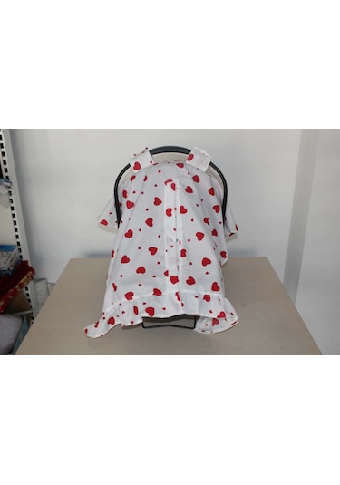 Bebek Puset Örtüsü Kalpli Puset Örtüsü Pamuklu Kumaş Fırfır Detay Çıt Çıtlı Puset Örtüsü Beyaz - Kırmızı