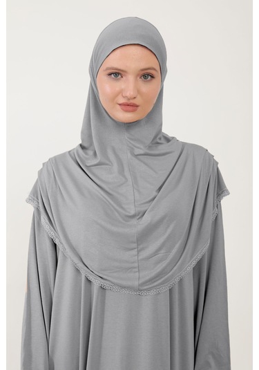Kadın Tesettür Pamuklu Başörtülü Namaz Elbisesi Dantelli Tek Parça Penye Kumaş Gri