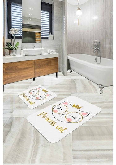 Ekru Kedi Temalı Banyo Halısı Klozet 2'li Paspas Seti Bs256