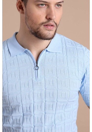 Ferraro Mavi Polo Yaka Fermuarlı Erkek Pamuk Triko T-Shirt-Mavi (490417758) Mavi