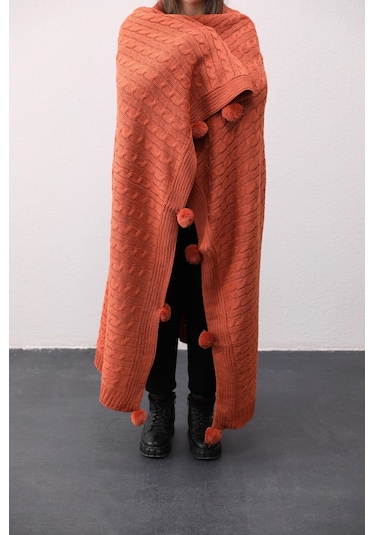 Biocotton Triko Ponponlu Örgü Tv Battaniyesi - Kiremit