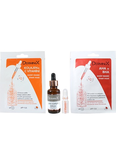 Derminix Leke Karşıtı Bakım Seti Serum + C Vitamin Ampul + C Vitamin Maske + Aha Bha Maske