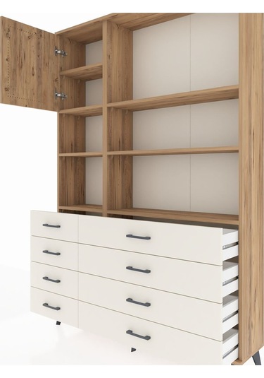 Arges Dolap 7 Raflı 8 Çekmeceli Tek Kapaklı 132x30x195 Çam-ç... Çam