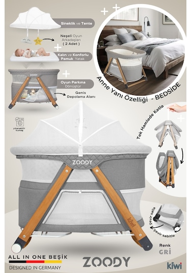 Kiwi Zoody Park Yatak Ve Oyun Parkı Bebek Beşiği, Anne Yanı Beşik, Park Beşik, Sallanan Beşik-gri Renk