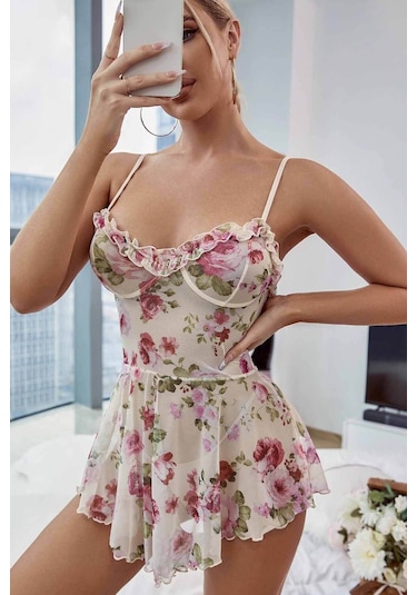 Merry See Çicek Desenli Özel Tasarım Gecelik Babydoll 001