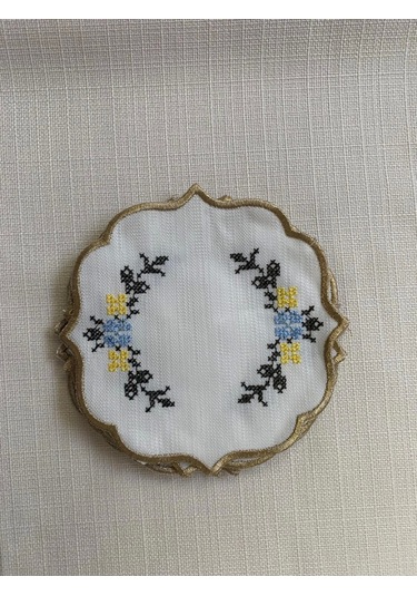 Nivemeshome Kanaviçe Nakışlı Sarı-mavi Oval 6 Adet Keten Kokteyl Peçetesi Kahve Yanı Sunumluk Çok Renkli