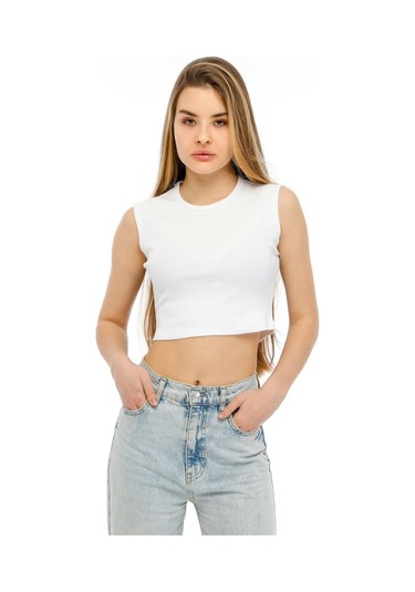 Bella Dossi Rahat Beyaz Kaşkorse Kolsuz Sıfır Yaka Kadın Crop Top Beyaz